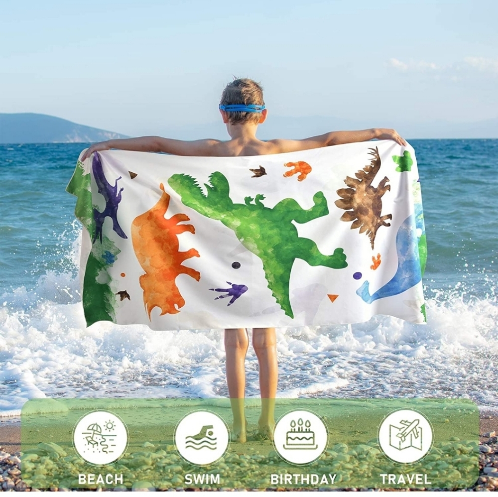 Watercolor Dinosaur Beach Towel - 30” × 60” Microfiber Camping Towel for Kids